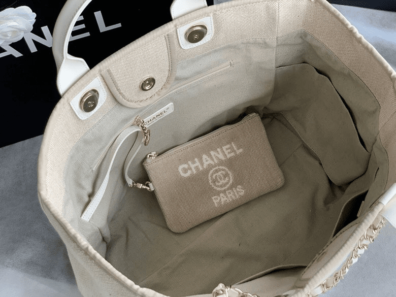 Ch**el Mixed Fibers Calfskin Deauville Tote Light Grey