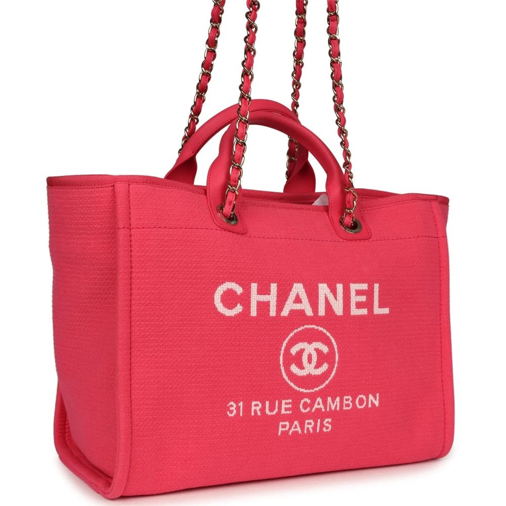 Ch**el Medium Deauville Shopping Tote Hot Pink Canvas Light Gold Hardware
