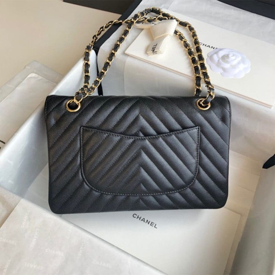Ch**el Classic Chevron Tweed Medium Flap Glod