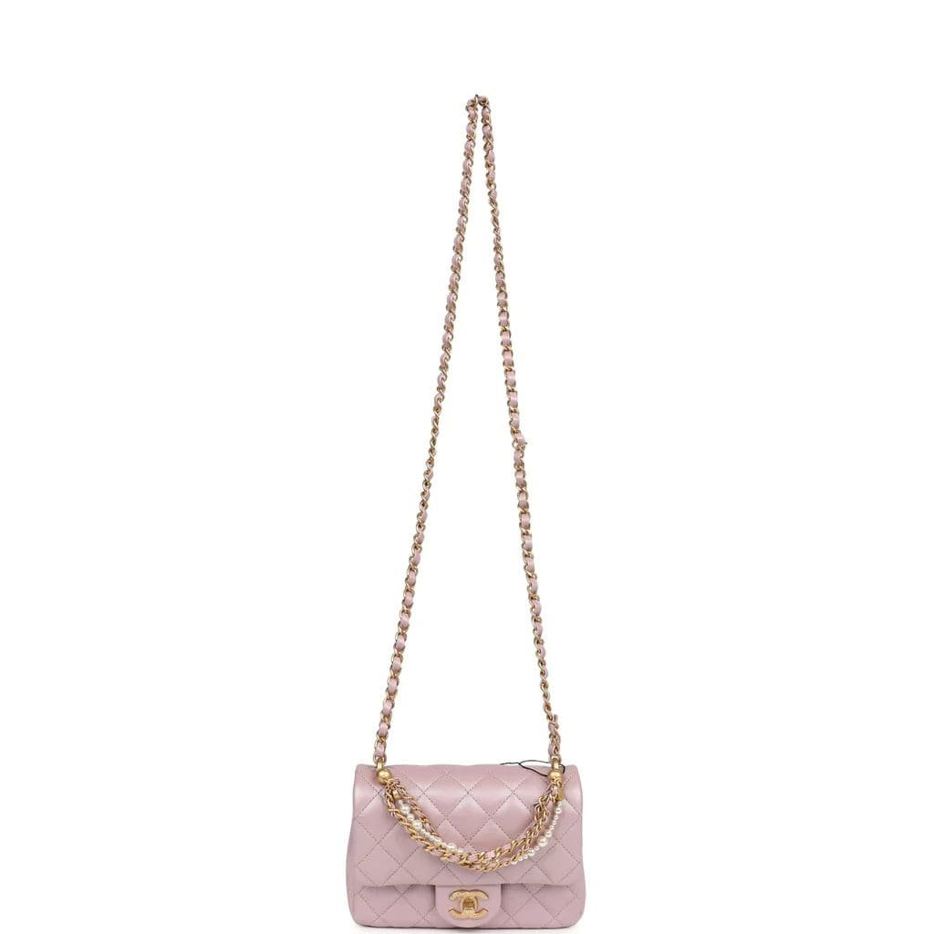 Ch**el Mini Square Pearl Flap Bag Light Pink Iridescent Lambskin Brushed Gold Hardware