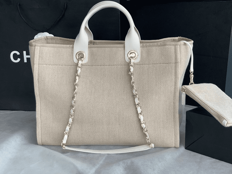 Ch**el Mixed Fibers Calfskin Deauville Tote Light Grey