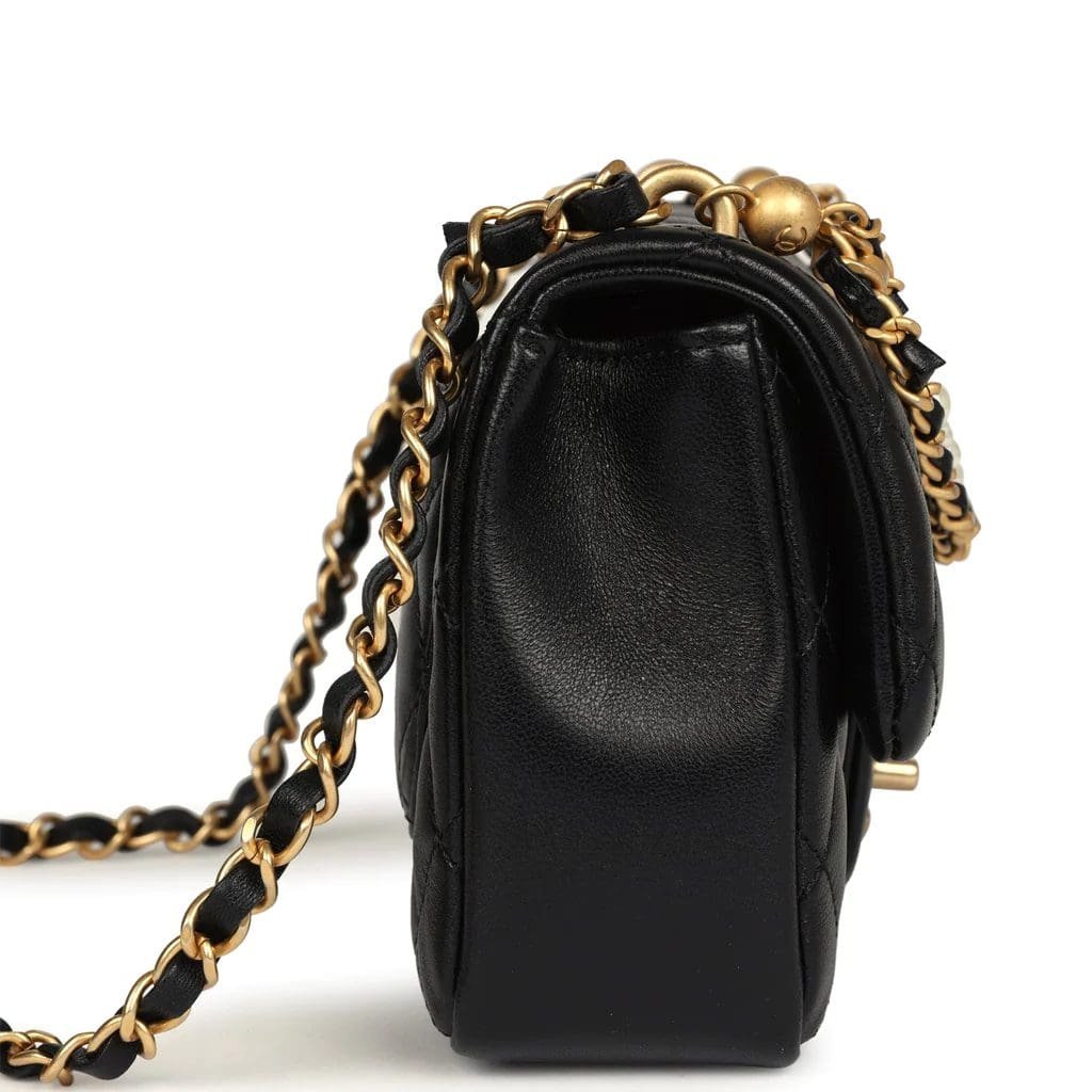Ch**el Mini Square Pearl Crush Flap Bag Black Lambskin Brushed Gold Hardware