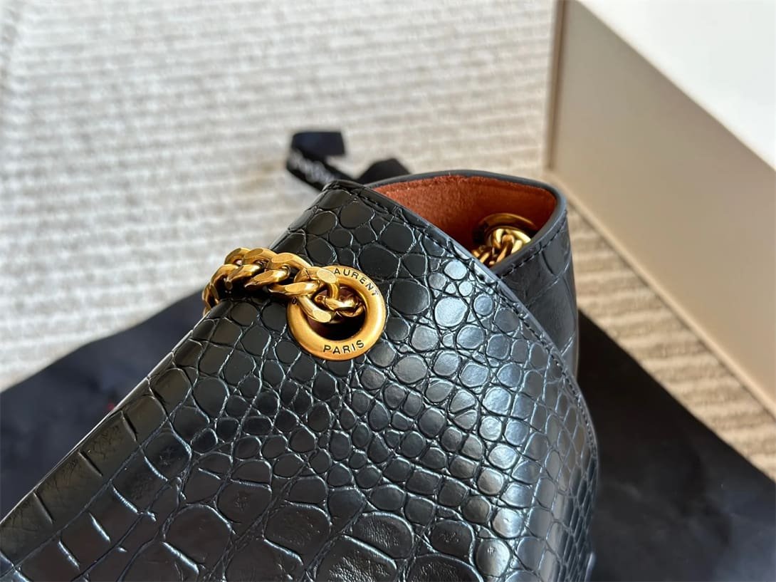Sa1nt Lau*nt Medium Double-Sided Lettering Kate Crossbody Bag in Calfskin and Crocodile-Embossed Suede