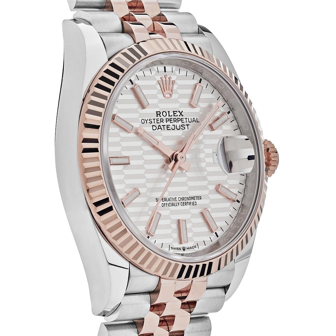 R01ex Datejust 36 126231 Rose Gold Stainless Steel Silver Fluted Motif Dial