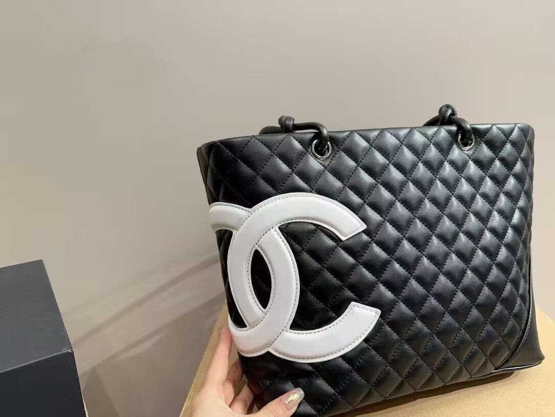 Ch**el Calfskin Quilted Large Cambon Tote Black White
