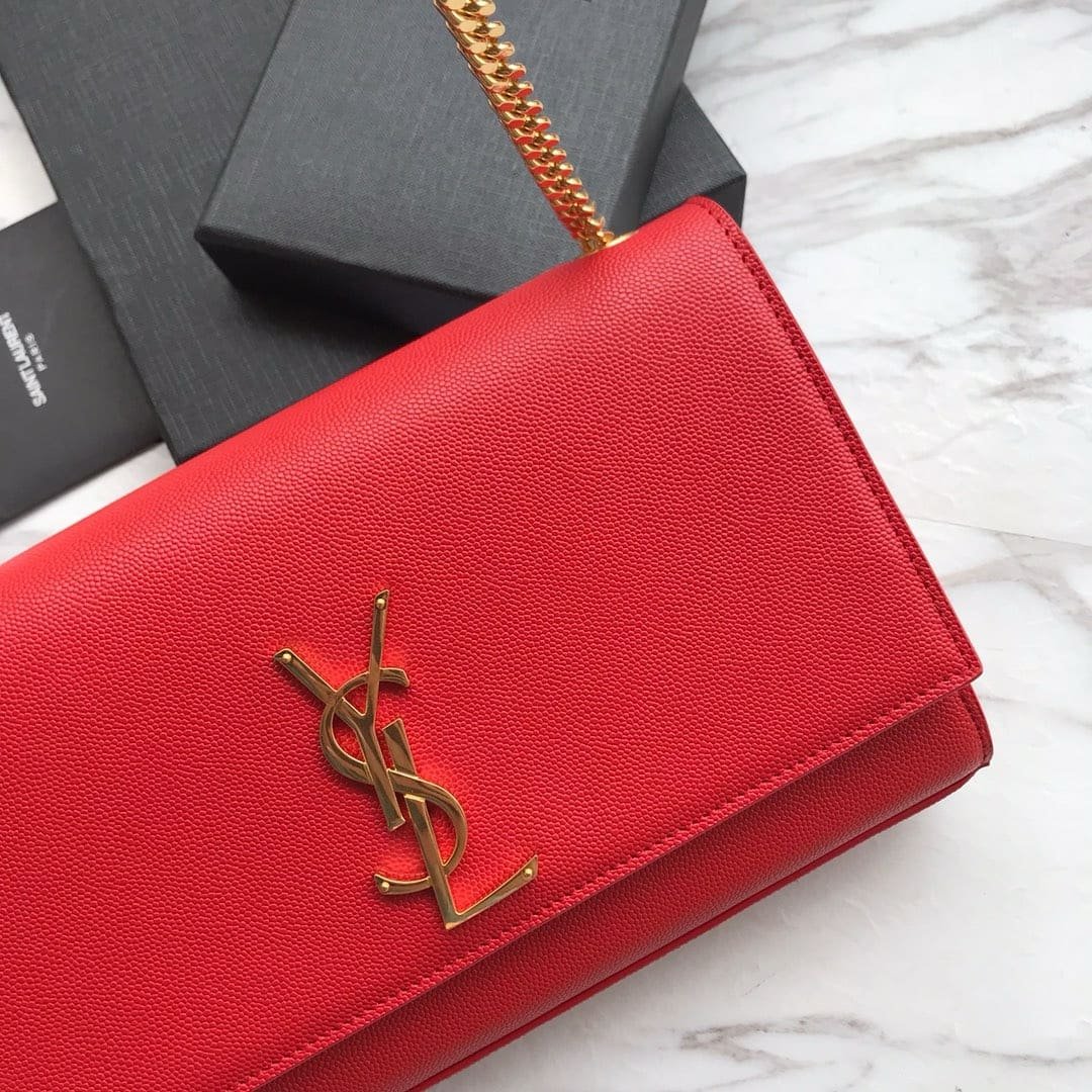 Sa1nt Lau*nt Red Grained Leather Monogram Medium Kate Flap Bag