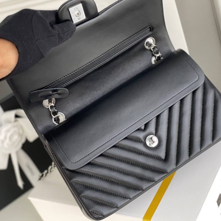 Ch**el Classic Chevron Tweed Medium Flap Silver