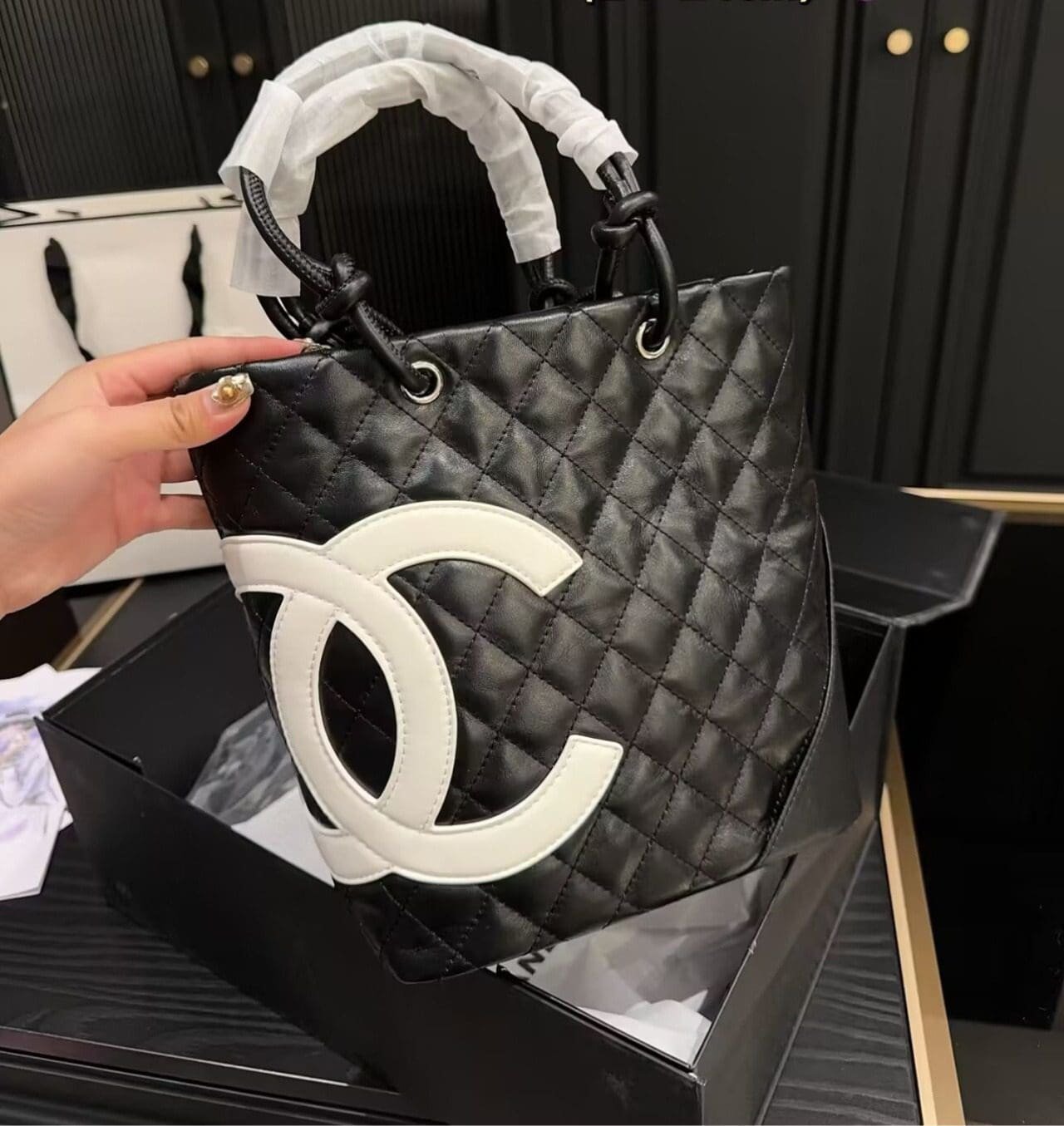 Ch**el Black Quilted Lambskin Leather Medium Cambon Tote