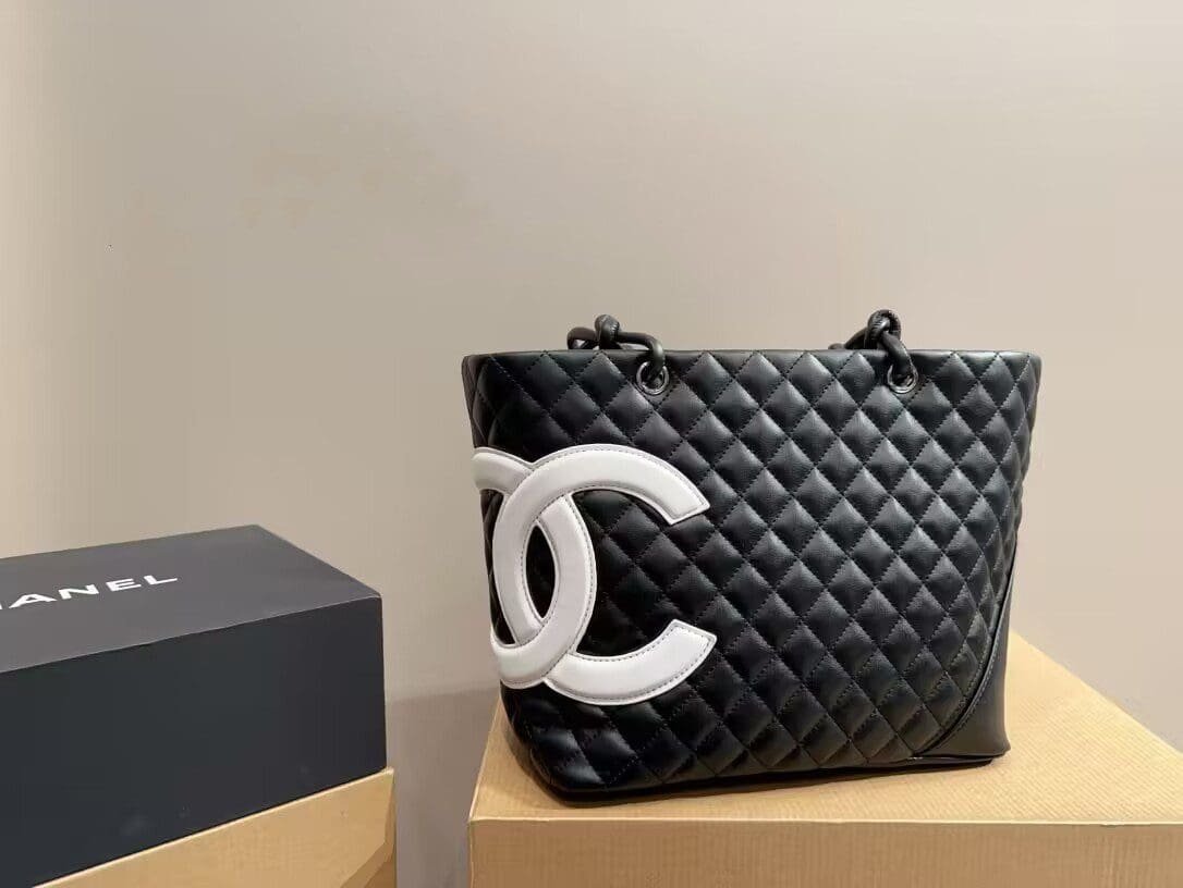 Ch**el Calfskin Quilted Large Cambon Tote Black White