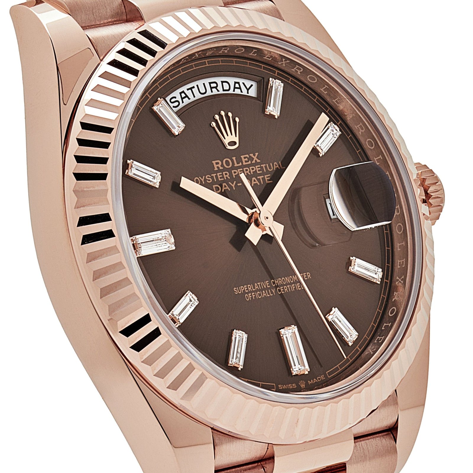 R01ex Day-Date 40 228235 Rose Gold Chocolate Baguette D1am0nd Dial