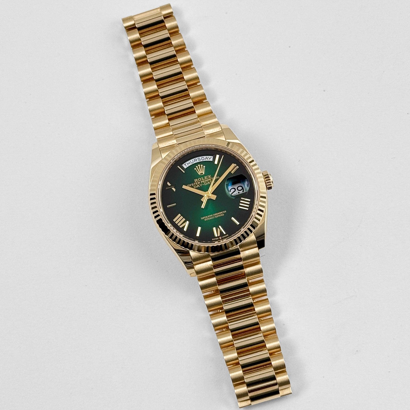 R01ex Day-Date 36 128238 Yellow Gold Green Ombre Roman Numeral Dial (2024)