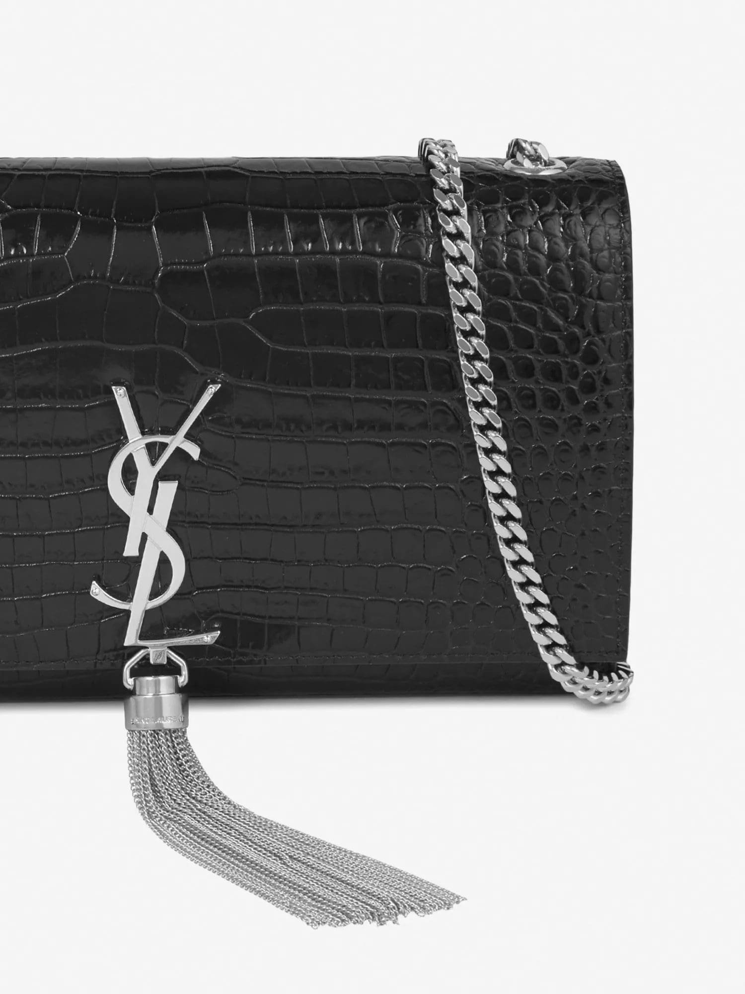 Sa1nt Lau*nt Kate monogram croc-embossed leather shoulder bag