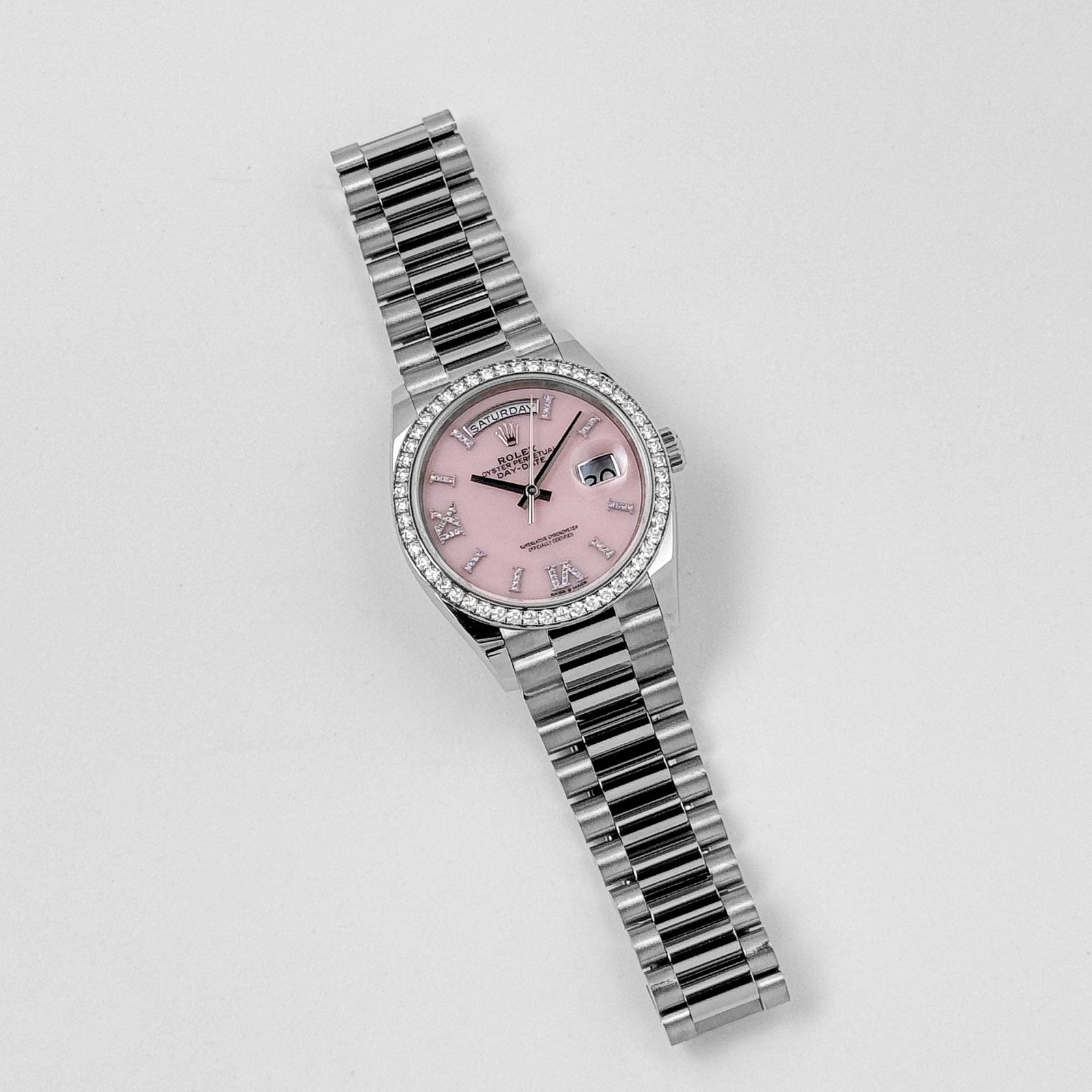 R01ex Day-Date 36 128349RBR White Gold D1am0nd Bezel Pink D1am0nd Dial (2020)