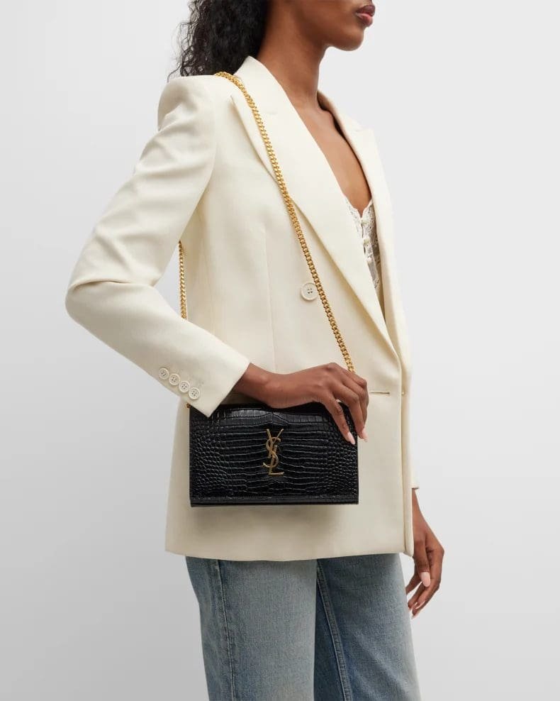Sa1nt Lau*nt Cassandra Y51 Wallet on Chain in Croc Embossed Leather