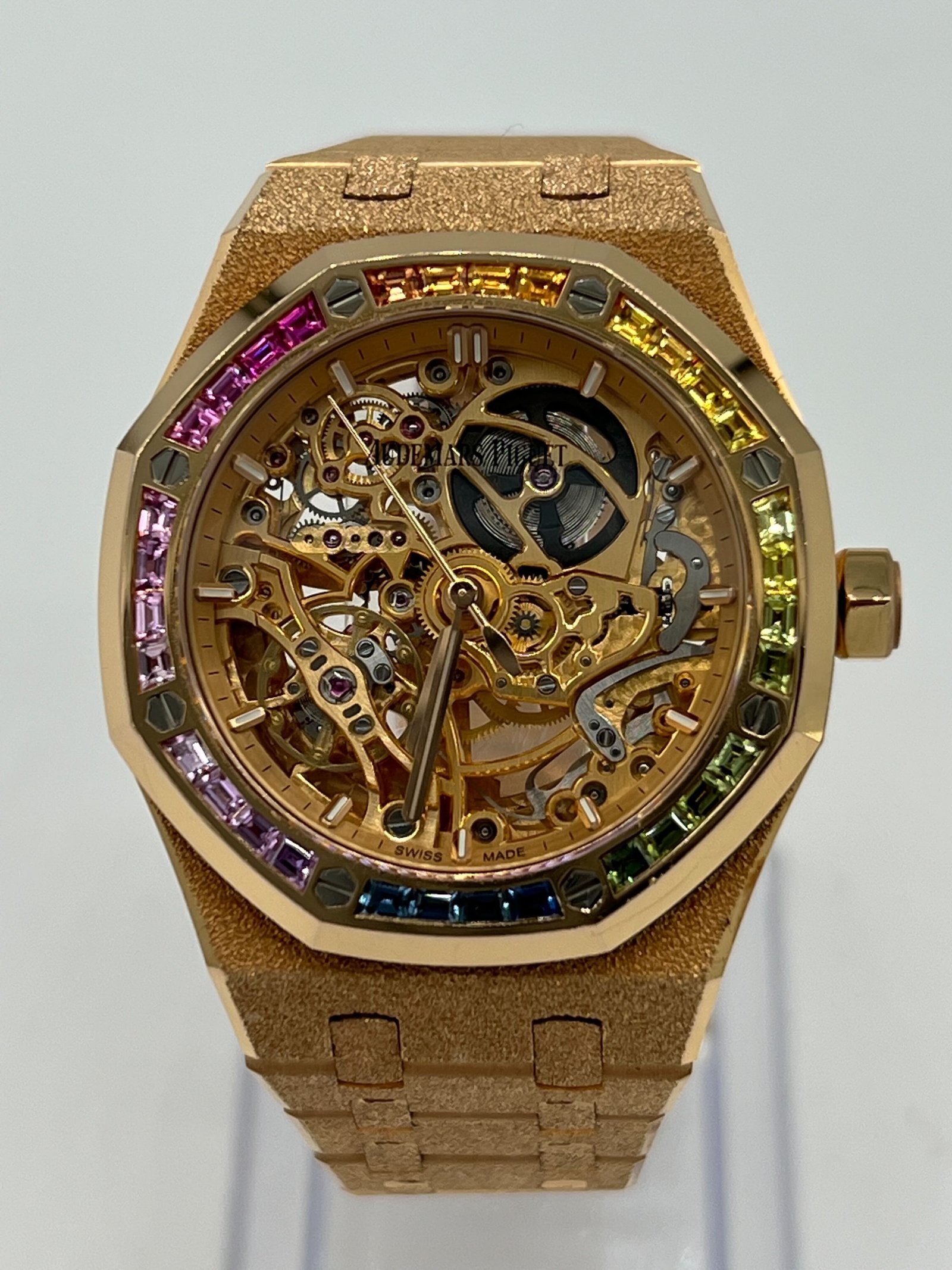 Audemars P1g*et Royal Oak 15468OR.YG.1259OR.01 Openworked Frosted Rose Gold Rainbow Bezel