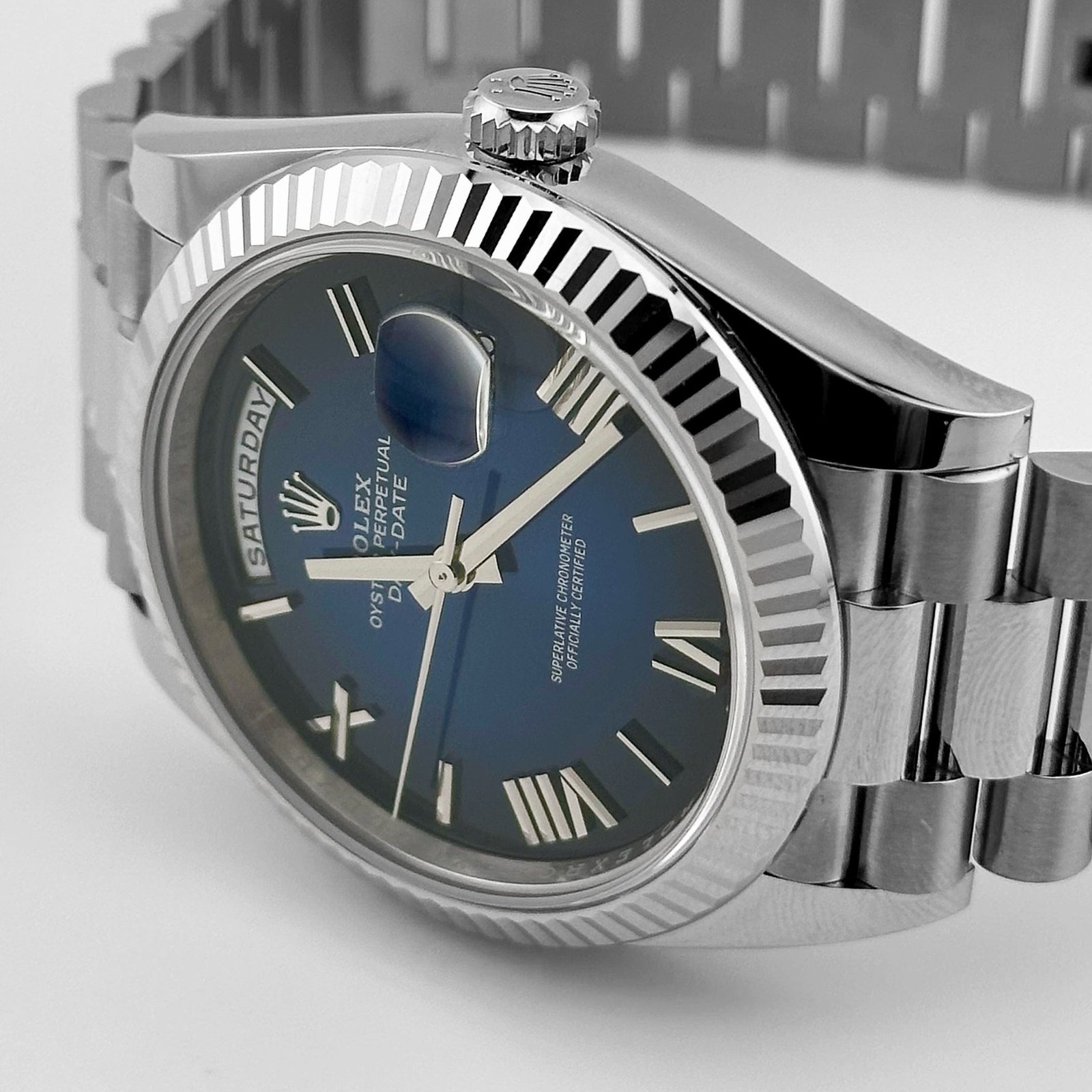 R01ex Day-Date 40 228239 White Gold Blue Ombre Roman Numeral Dial (2024)