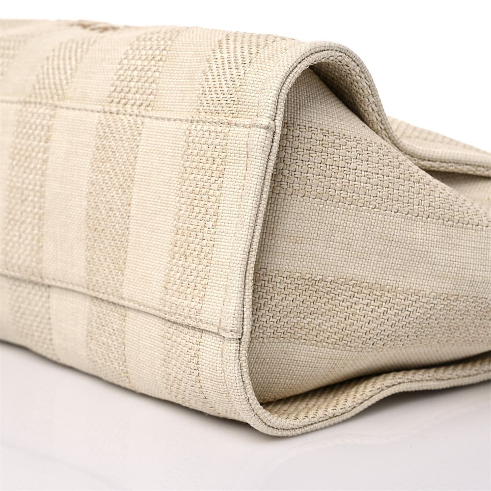 Ch**el Mixed Fibers Calfskin Striped Deauville Tote Beige