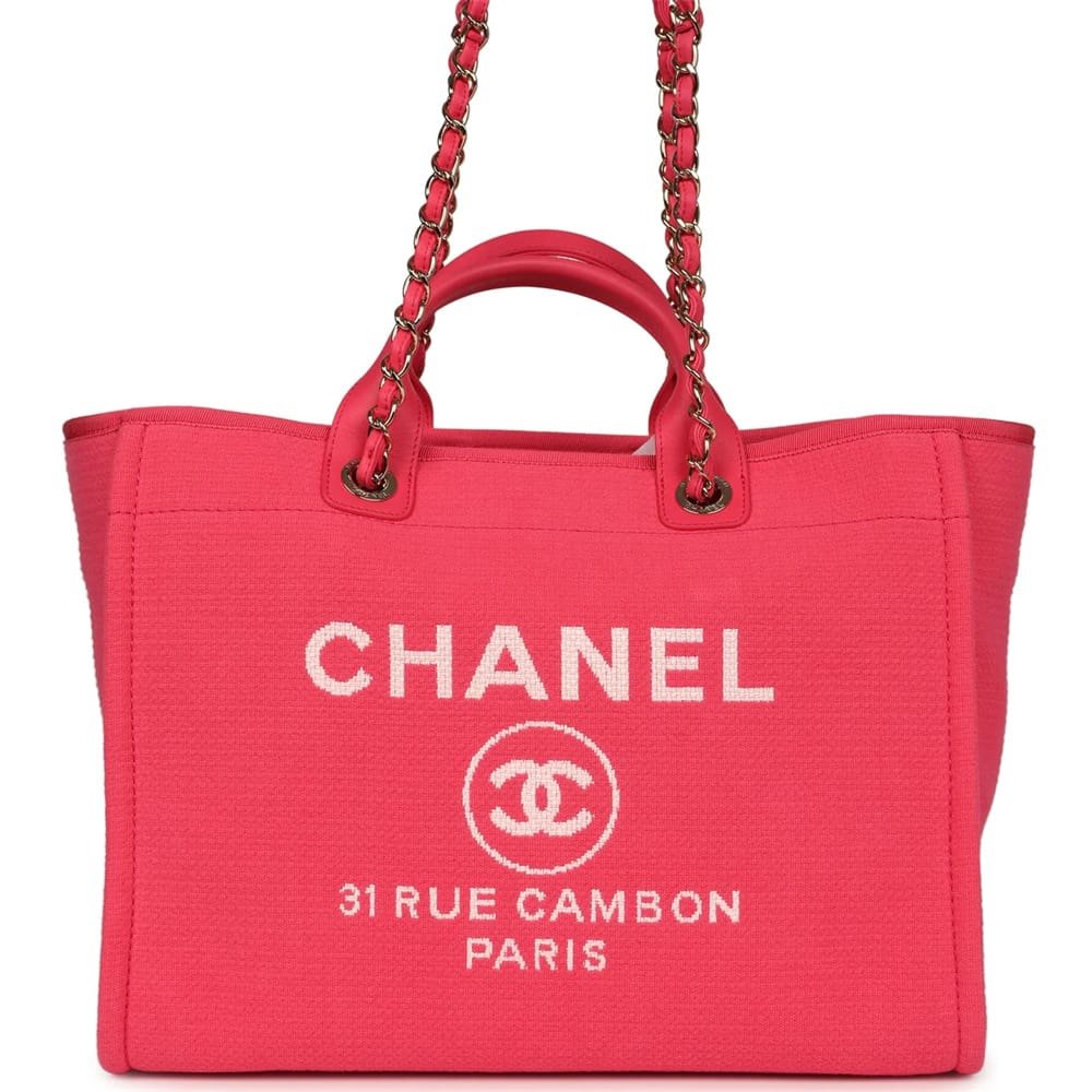 Ch**el Medium Deauville Shopping Tote Hot Pink Canvas Light Gold Hardware