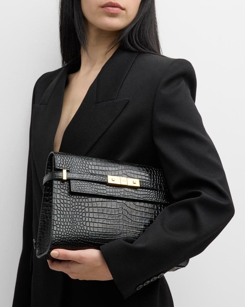 Sa1nt Lau*nt Manhattan Medium Shoulder Bag in Croc-Embossed Leather