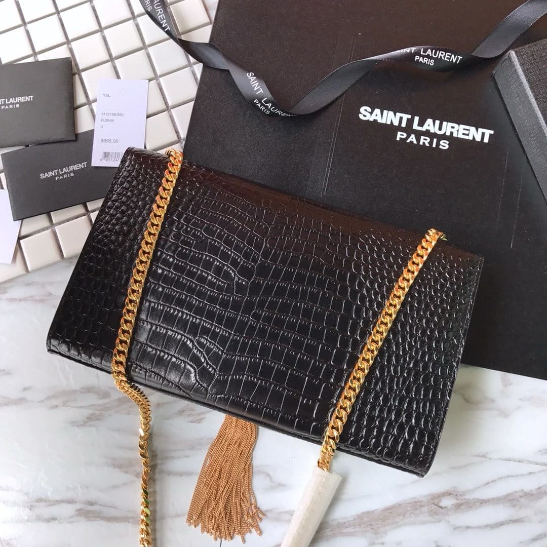 Sa1nt Lau*nt Medium Kate Tassel Chain Bag In Black Crocodile Em