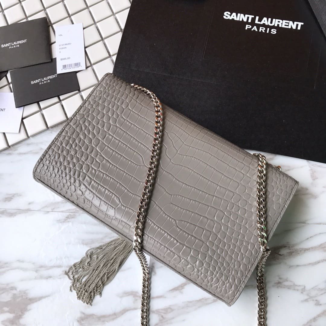 Sa1nt Lau*nt Grey Crocodile Embossed Kate Medium