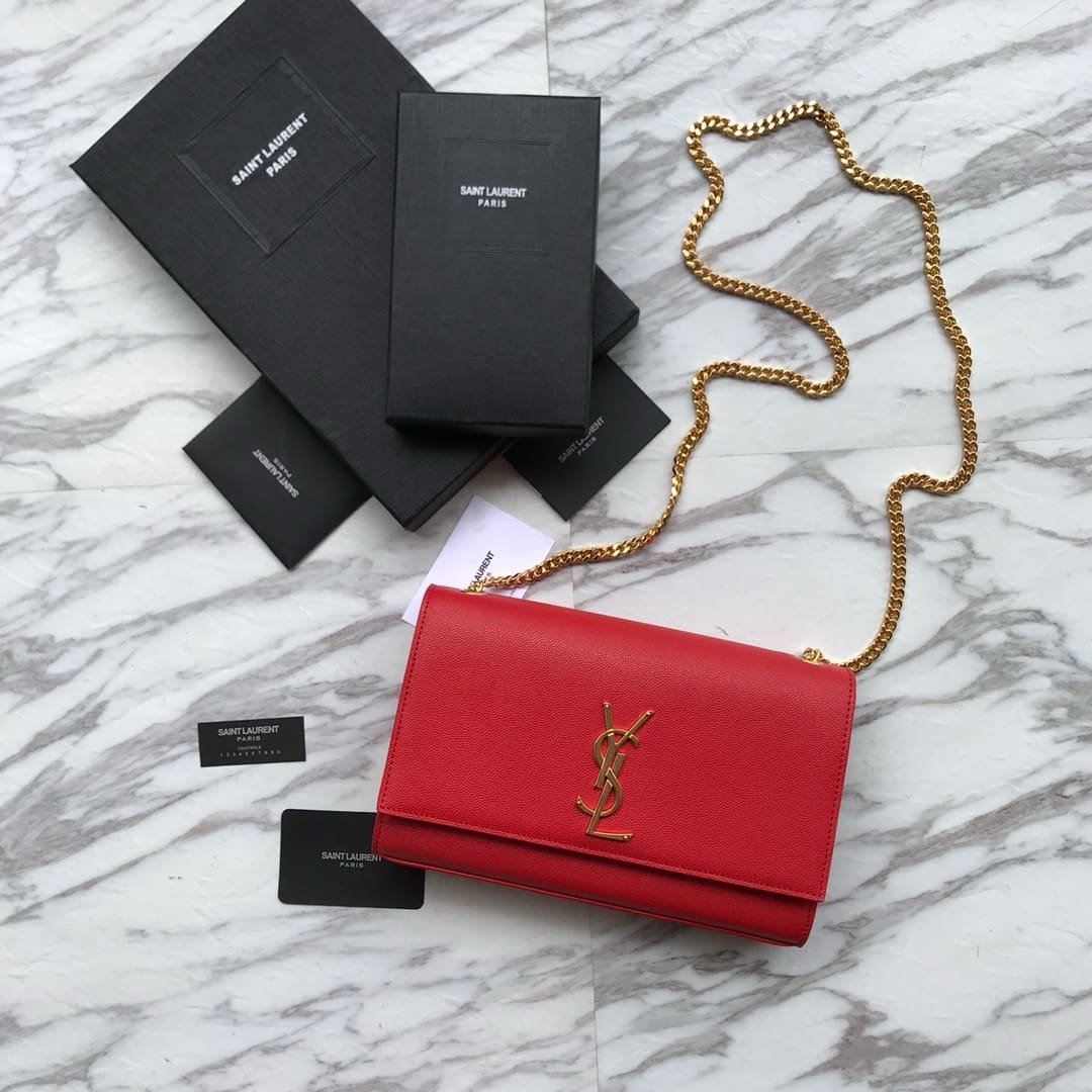 Sa1nt Lau*nt Red Grained Leather Monogram Medium Kate Flap Bag