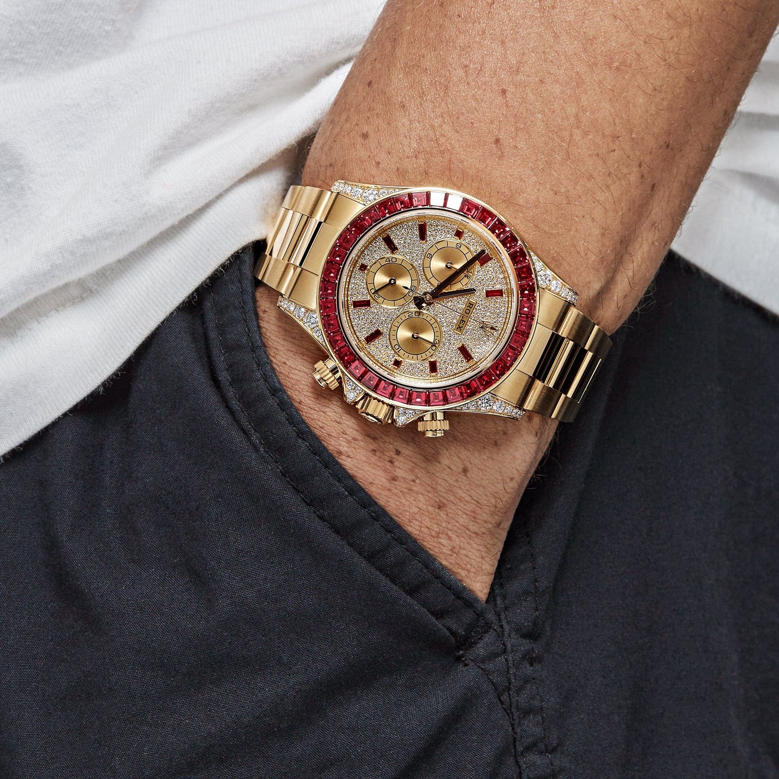 R01ex Daytona 126598TRU Yellow Gold Ruby Bezel D1am0nd Pave Dial
