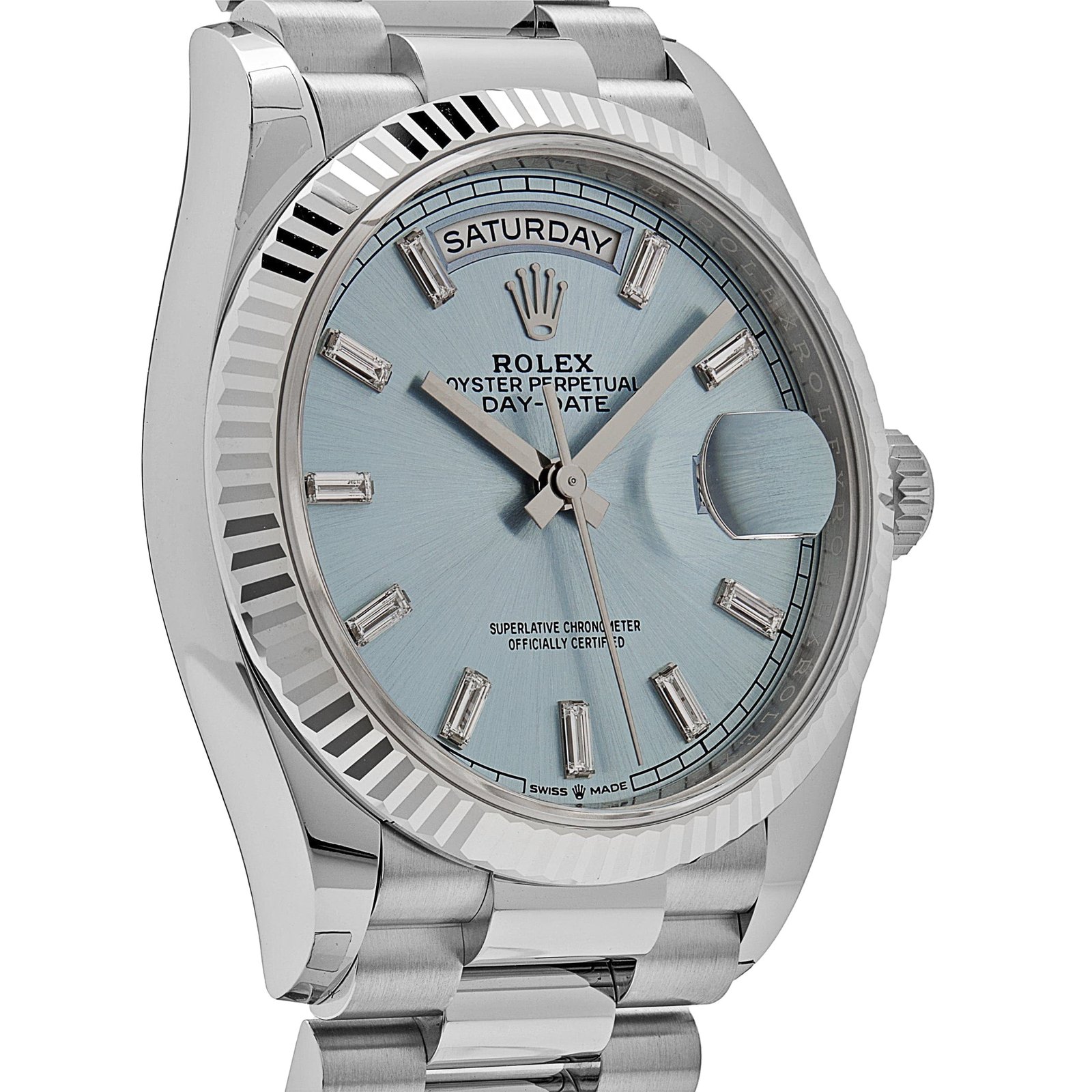 R01ex Day-Date 36 128236 Platinum Ice Blue Baguette Dial