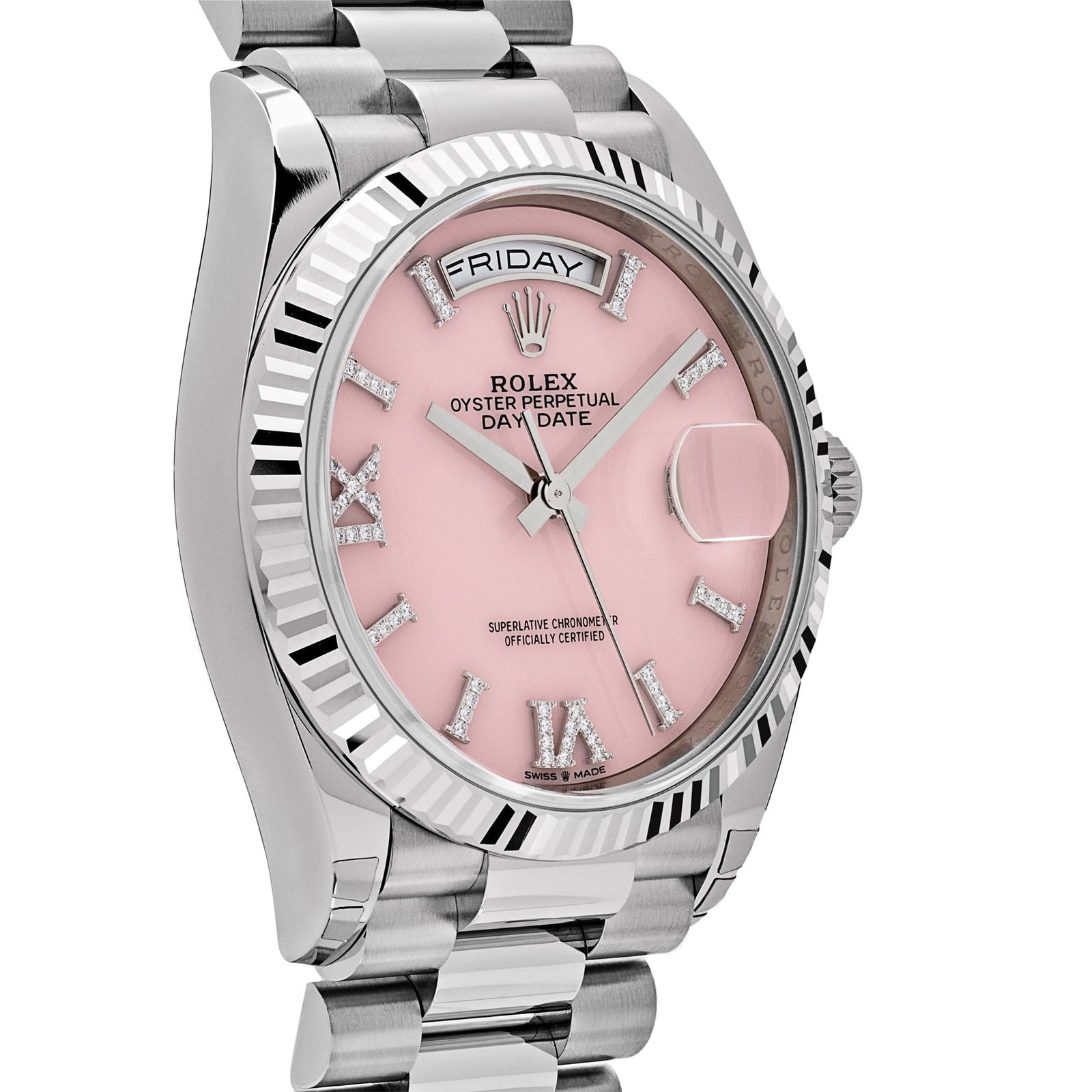 R01ex Day-Date 36 128239 White Gold Pink Opal D1am0nd Roman Numerals Dial