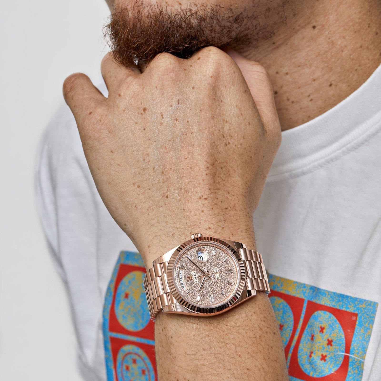 R01ex Day-Date 40 228235 Rose Gold Baguette D1am0nd Paved Dial