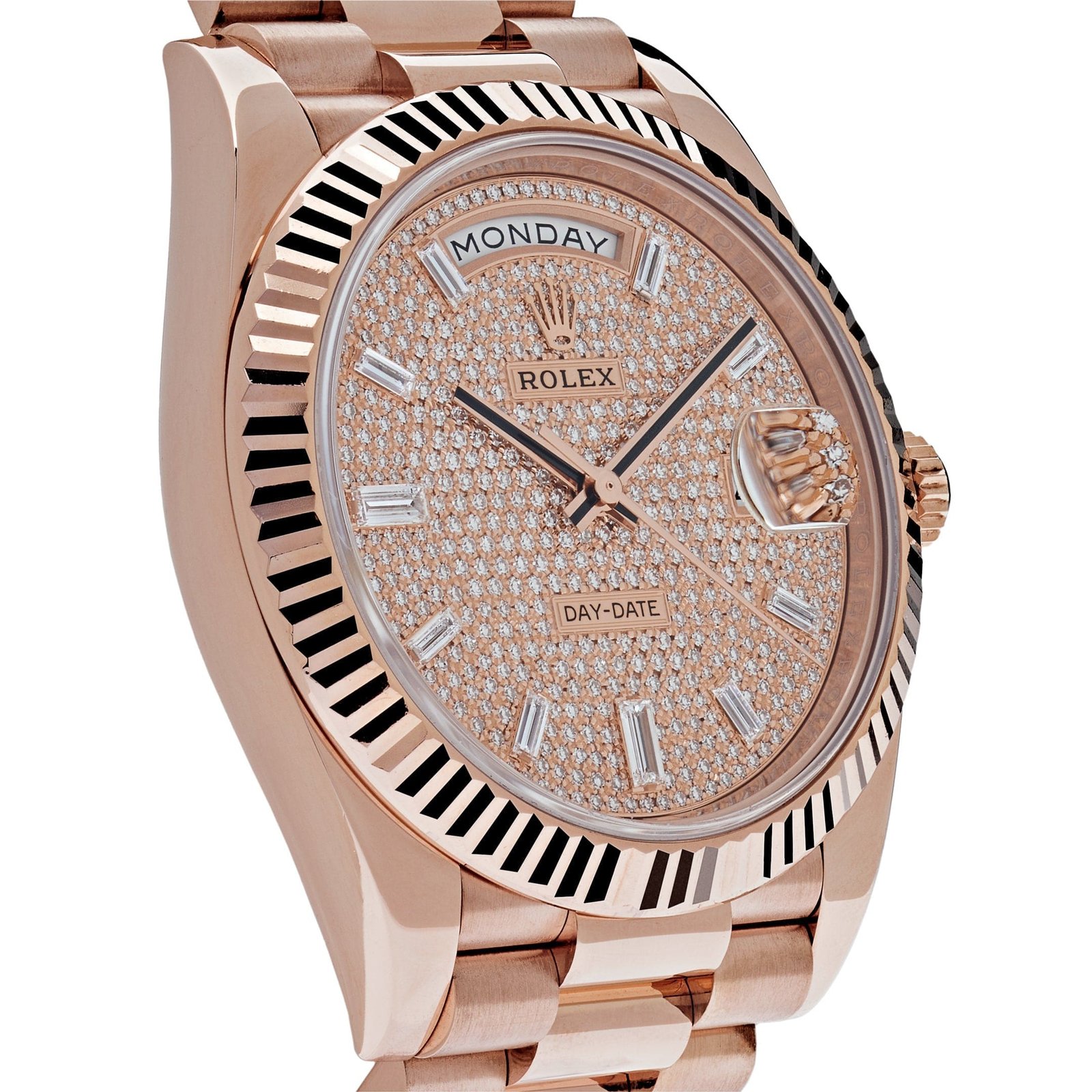 R01ex Day-Date 40 228235 Rose Gold Baguette D1am0nd Paved Dial