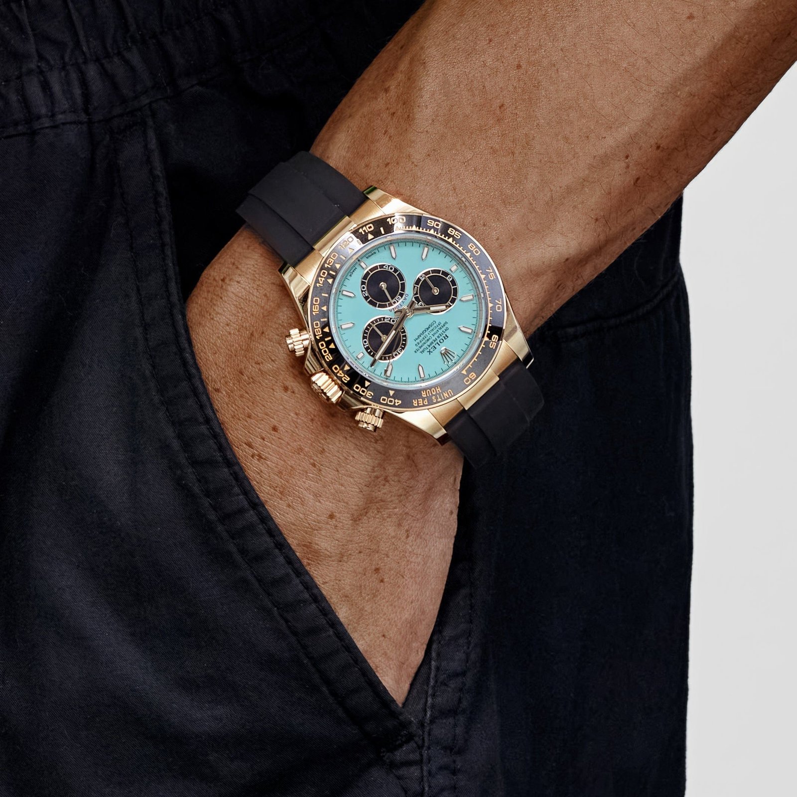 R01ex Daytona 126518LN Yellow Gold Turquoise Dial Oysterflex