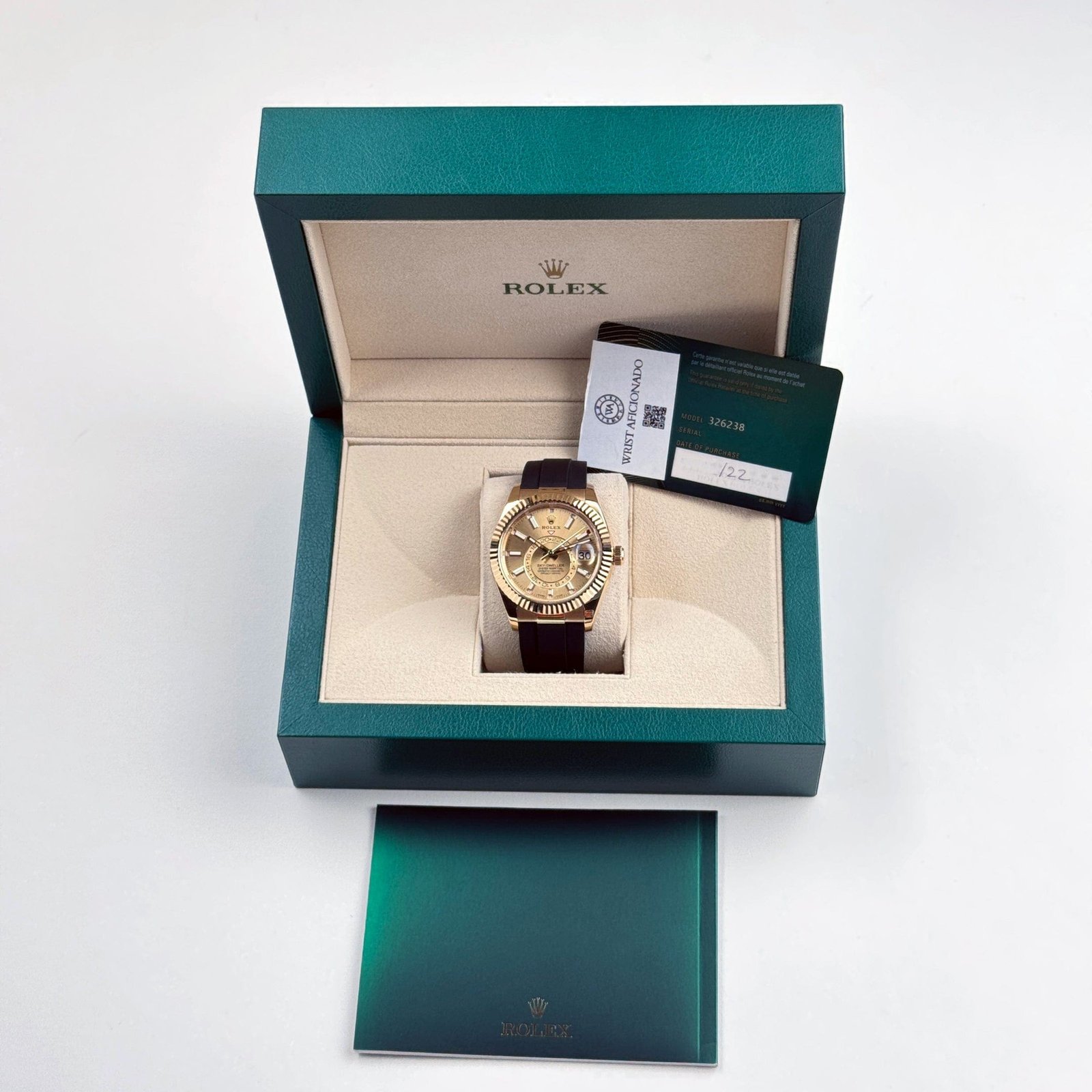 R01ex Sky-Dweller 326238 Yellow Gold Champagne Dial Rubber Strap (2022)