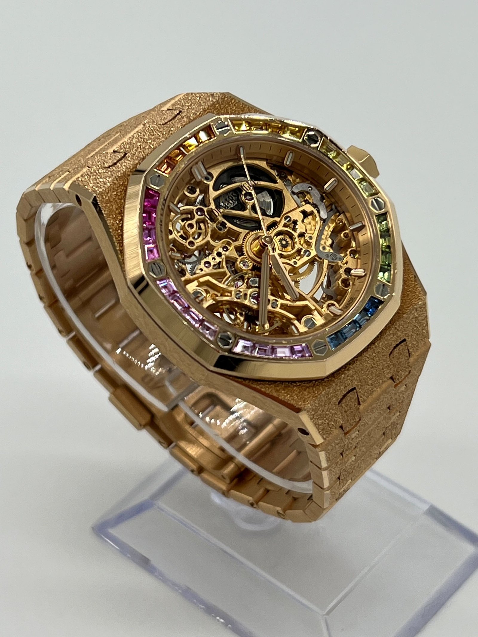 Audemars P1g*et Royal Oak 15468OR.YG.1259OR.01 Openworked Frosted Rose Gold Rainbow Bezel
