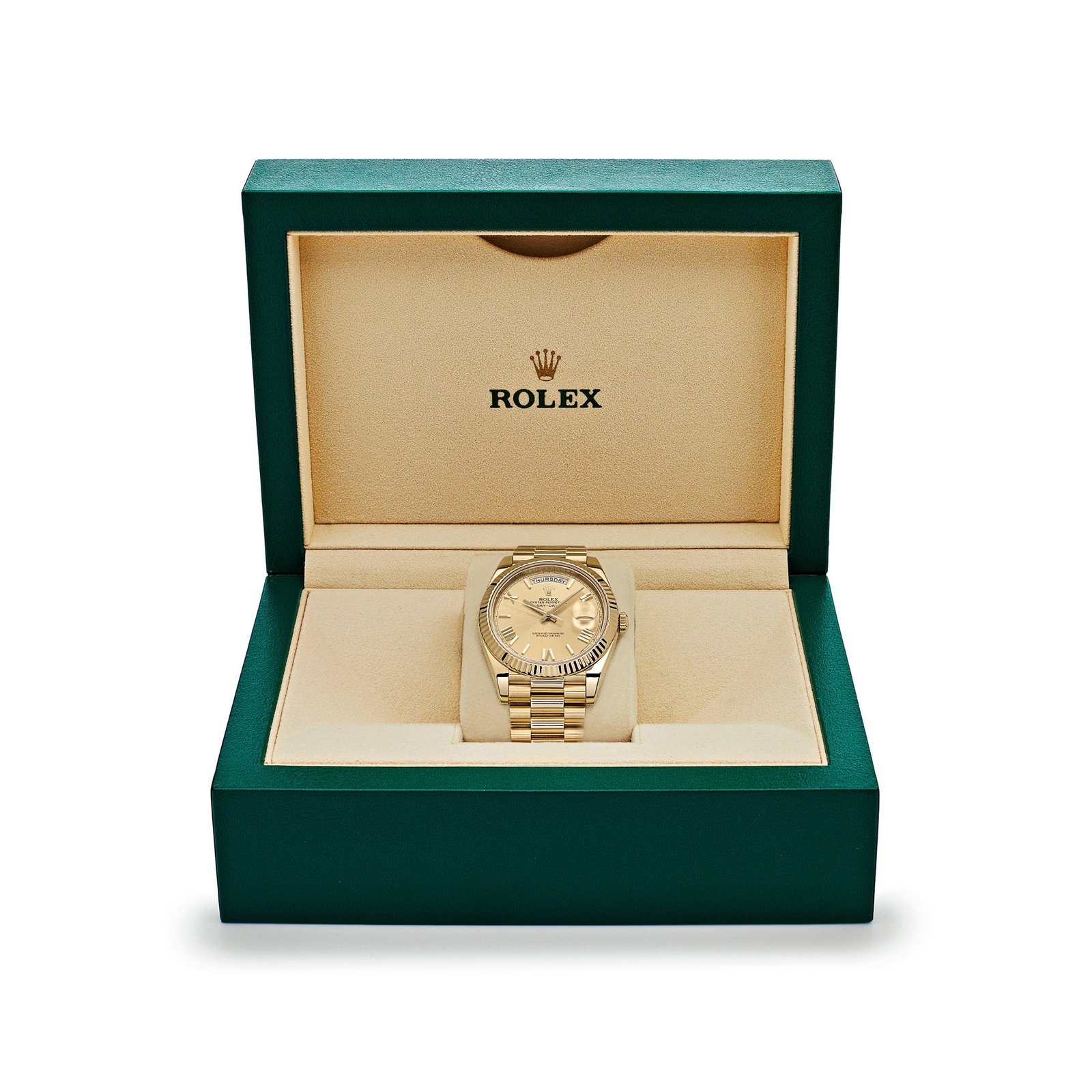 R01ex Day-Date 40 228238 Yellow Gold Champagne Roman Dial