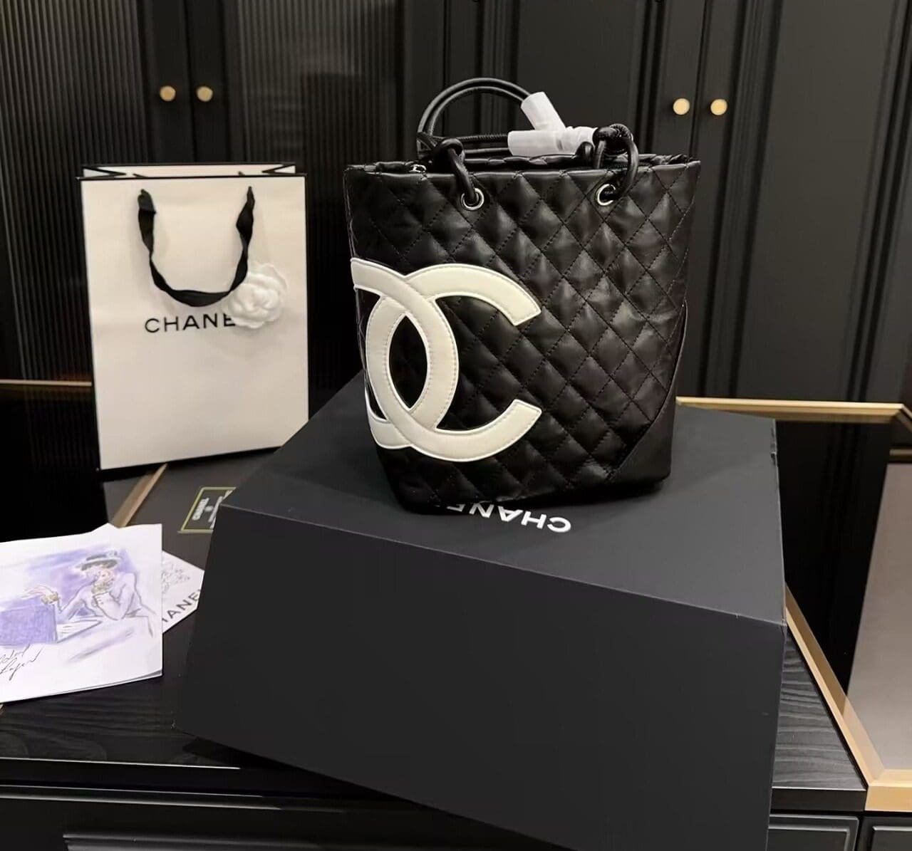 Ch**el Black Quilted Lambskin Leather Medium Cambon Tote