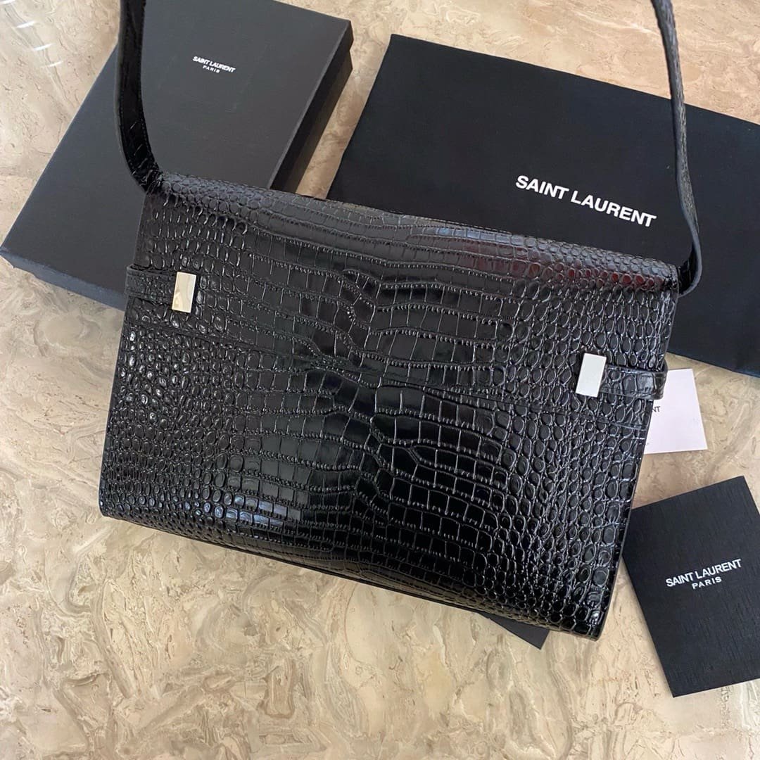 Sa1nt Lau*nt Black Manhattan croc-effect shoulder bag