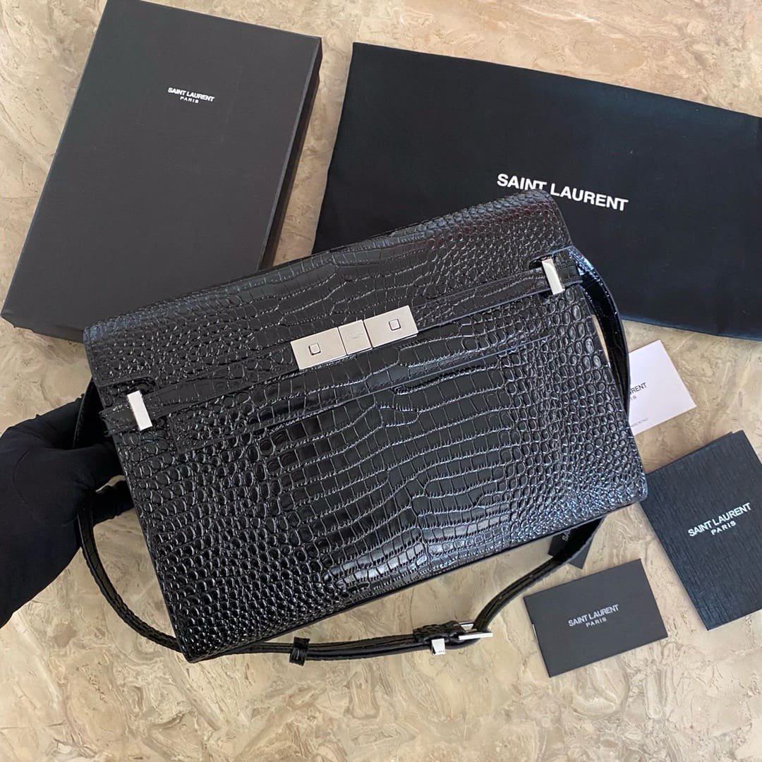 Sa1nt Lau*nt Black Manhattan croc-effect shoulder bag